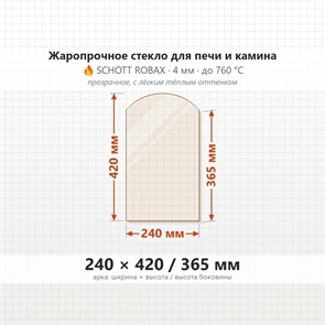 Стекло 240*420/365 мм 4мм, Арка для Печи и Камина (огнеупорное) Прозрачное 7823