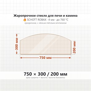 Стекло 750*300/200 мм 4мм, Арка для Печи и Камина (огнеупорное) Прозрачное 8228
